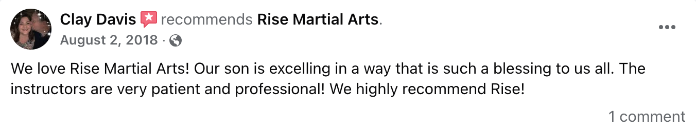 Review praising kids karate program and instructors at Rise Martial Arts